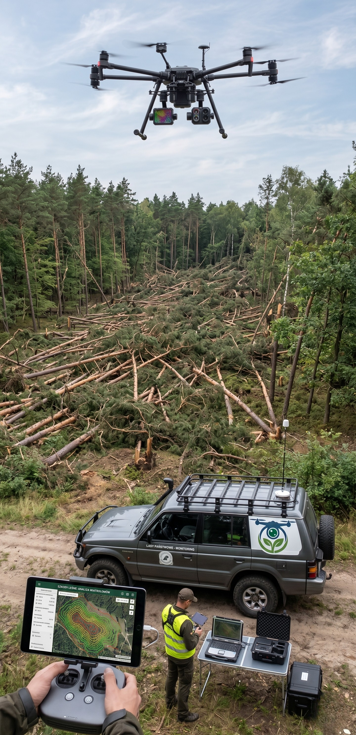 Dron i operator podczas analizy lasu